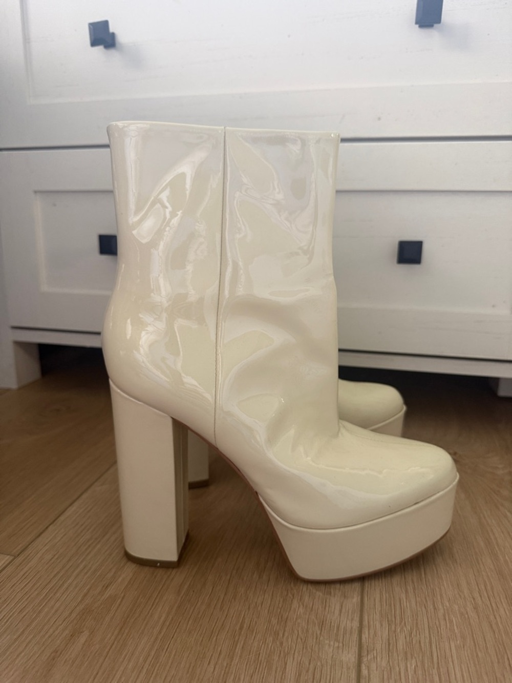 Marc Fisher Cream Patent Platform Ankle Boots